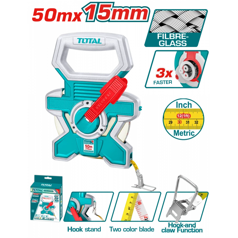 كركر فايبرغلاس 50 متر × 15 ملم – طباعة مزدوجة، رجوع سريع، غلاف مطاطي من توتال (TMTF18506) - توتال