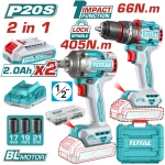TOTAL 2 Pcs Combo Kit 20V Brushless Impact Drill & Impact Wrench with 2 Batteries TCKLI20286 - Total