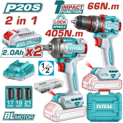 TOTAL 2 Pcs Combo Kit 20V Brushless Impact Drill & Impact Wrench with 2 Batteries TCKLI20286