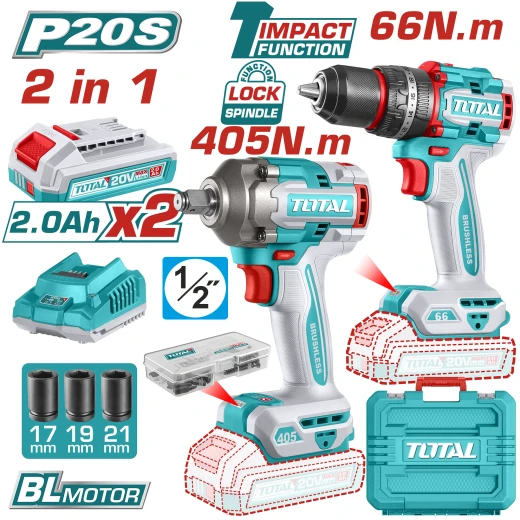 TOTAL 2 Pcs Combo Kit 20V Brushless Impact Drill & Impact Wrench with 2 Batteries TCKLI20286 TOTAL 2 Pcs Combo Kit 20V Brushless Impact Drill & Impact Wrench with 2 Batteries TCKLI20286