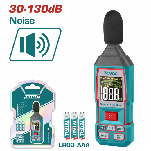 جهاز قياس مستوى الصوت الرقمي 130-30 ديسيبل – بدقة عالية وإضاءة خلفية من توتال (TETSL031) جهاز قياس مستوى الصوت الرقمي 130-30 ديسيبل – بدقة عالية وإضاءة خلفية من توتال (TETSL031)