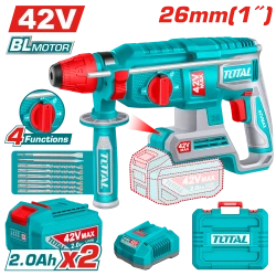 TOTAL Cordless Rotary Hammer 42V Brushless 2.5J SDS Plus System Kit with 6 Drills, 2 Chisels, 2 Batteries, Charger & Carrying Case