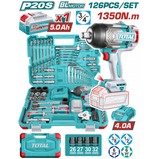 TOTAL 126-Piece Cordless Impact Wrench Set 1350Nm Torque 3/4
