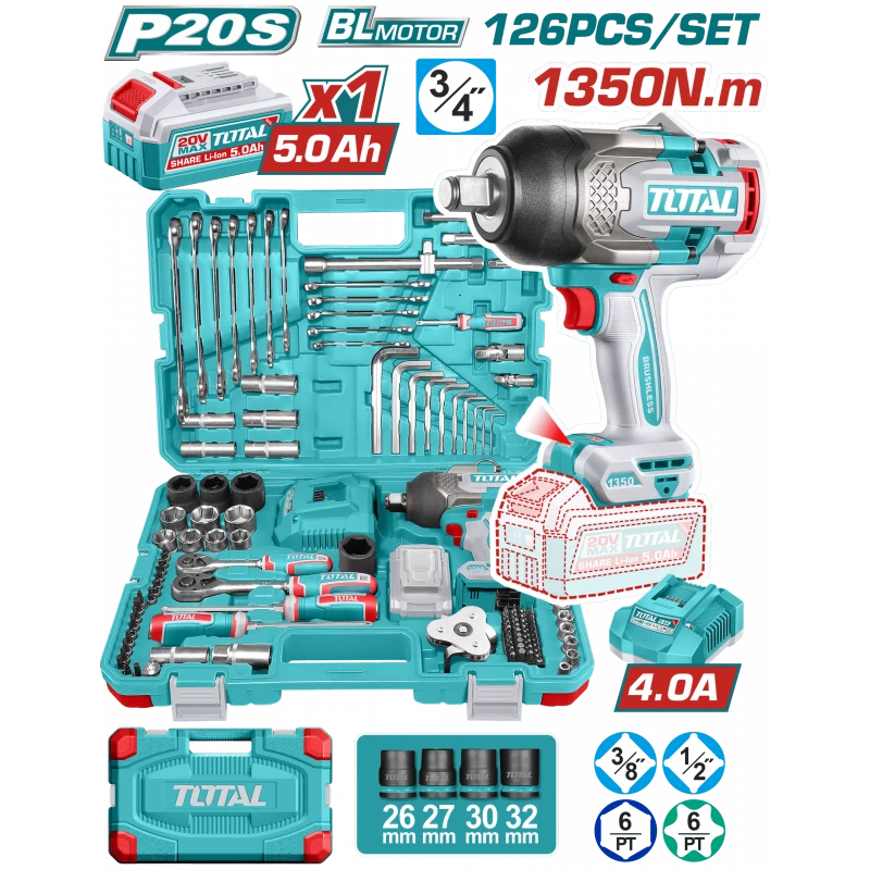 TOTAL 126-Piece Cordless Impact Wrench Set 1350Nm Torque 3/4" Drive 20V Kit - Total