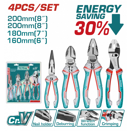 مجموعة كماشة توتال 4 قطع - فولاذ Cr-V مع مقابض TRP مريحة للدقة والكفاءة مجموعة كماشة توتال 4 قطع - فولاذ Cr-V مع مقابض TRP مريحة للدقة والكفاءة