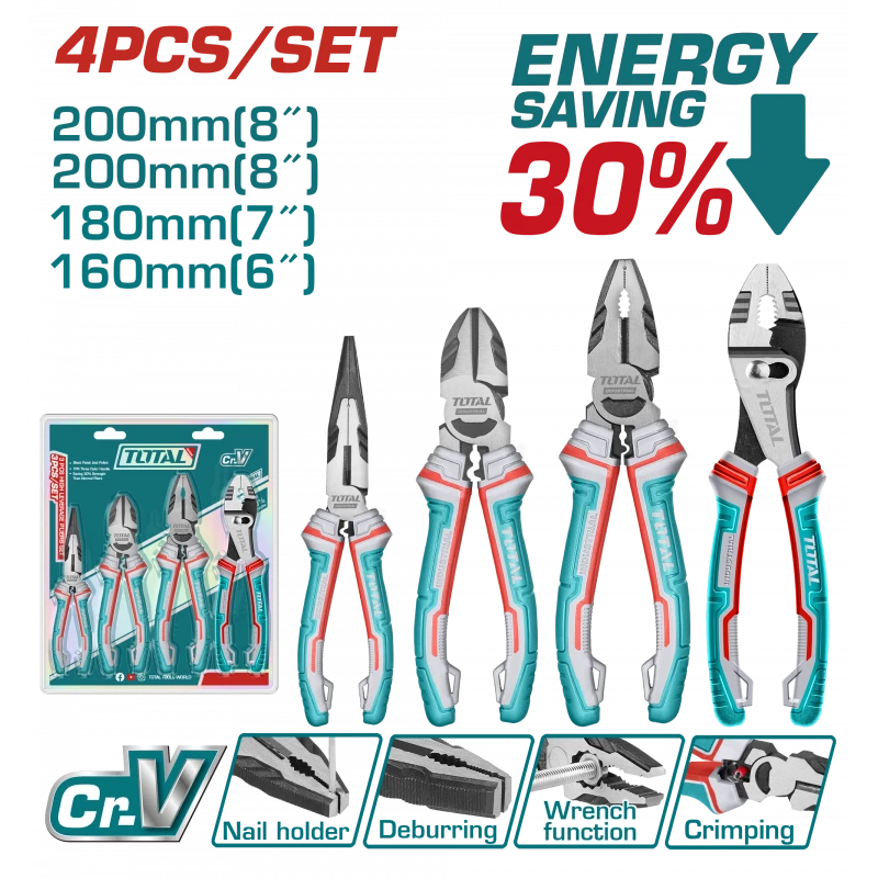 مجموعة كماشة توتال 4 قطع - فولاذ Cr-V مع مقابض TRP مريحة للدقة والكفاءة - توتال