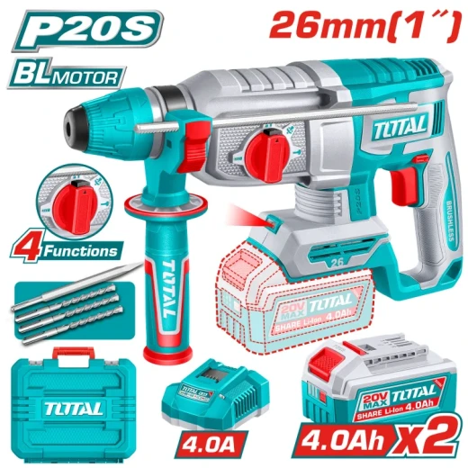 TOTAL TOOLS TRHLI262085 20V 26mm Cordless Rotary Hammer – SDS Battery Hammer Drill with 2×4.0Ah Batteries & Charger | Concrete Drilling & Chipping Tool TOTAL TOOLS TRHLI262085 20V 26mm Cordless Rotary Hammer – SDS Battery Hammer Drill with 2×4.0Ah Batteries & Charger | Concrete Drilling & Chipping Tool