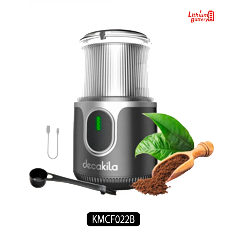مطحنة قهوة لاسلكية موديل KMCF022B ,سعة 40 جرام، شفرة من الستانلس ستيل 90 واط، بطارية قابلة لإعادة الشحن 2000 مللي أمبير مع شاحن USB ومعلقة فرشاة 2 في 1 من ديكاكيلا - ديكاكيلا