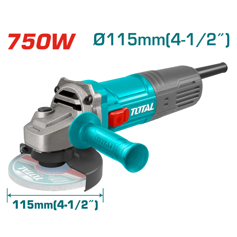 Total 750W Angle Grinder, 12000 RPM, 4.5” Cut-Off Tool for Metal Grinding and Cutting, Ergonomic Design - Total