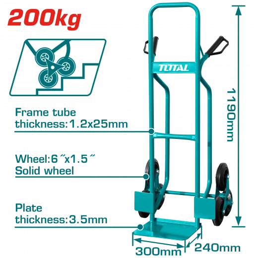 TOTAL 3-Wheel Stair Climbing Hand Trolley – 200kg Capacity, Solid Wheels, Heavy-Duty Design (THTHT20461) TOTAL 3-Wheel Stair Climbing Hand Trolley – 200kg Capacity, Solid Wheels, Heavy-Duty Design (THTHT20461)