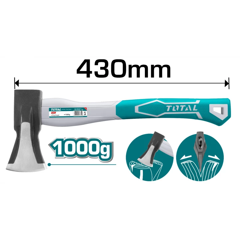 توتال – فأس 1000 غرام، رأس من الفولاذ المتين ومقبض مريح، مثالي لتقطيع الخشب والعمل الشاق في الهواء الطلق - توتال