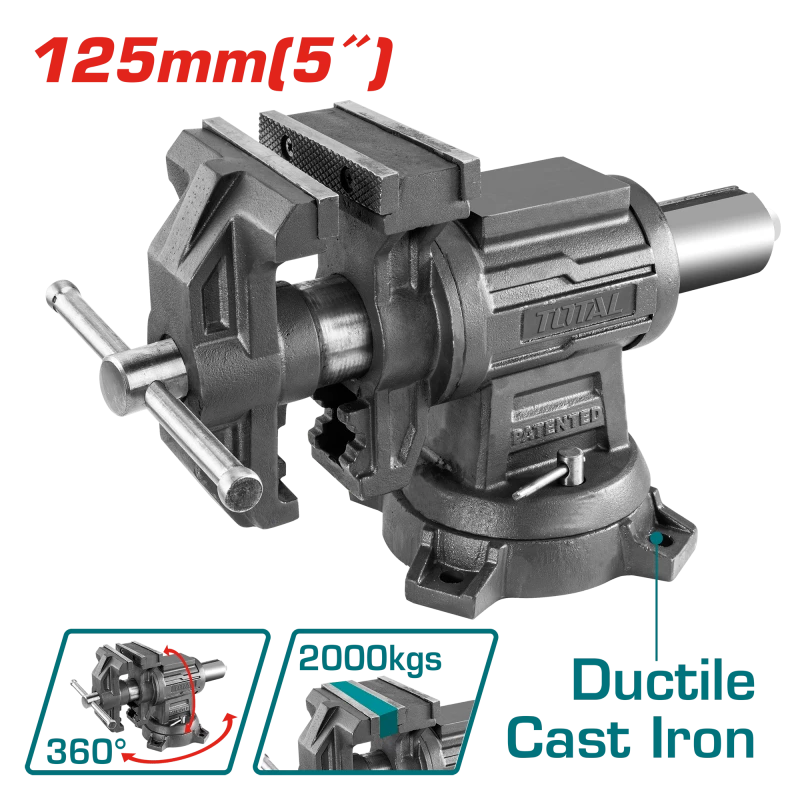 ملزمة متعددة الاستخدام قياس 5 بوصة (125 مم)، قاعدة دوّارة، قوة تثبيت 2000 كجم، سطح سندان مدمج، من حديد الزهر الثقيل، للنجارة والأعمال اليدوية من توتال - توتال
