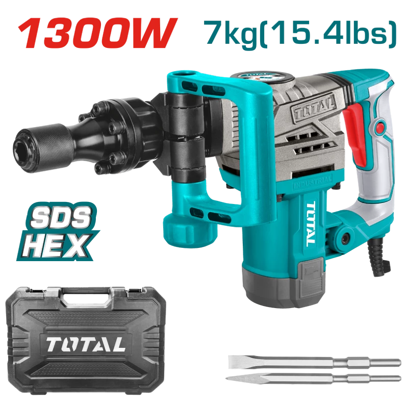 Total Demolition Breaker 1300W (TH2130016), 20J Impact Power, 3800 BPM, HEX Chuck, Anti-Vibration System, Includes Chisels & Carbon Brushes, 7kg Heavy-Duty Tool - Total