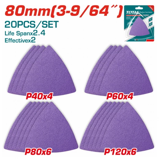 TOTAL 20-Piece Purple Sanding Sheets Set, 80mm, Mixed Grits (P40/P60/P80/P120) for Wood, Metal & Paint Surface Prep, Hook & Loop Backing TOTAL 20-Piece Purple Sanding Sheets Set, 80mm, Mixed Grits (P40/P60/P80/P120) for Wood, Metal & Paint Surface Prep, Hook & Loop Backing
