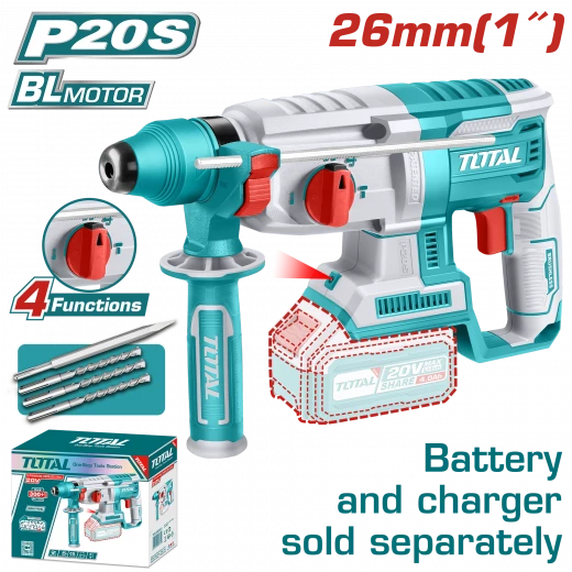 TOTAL Cordless Rotary Hammer Brushless 2.5J 26mm - Battery & Charger Sold Separately (TRHLI20228) TOTAL Cordless Rotary Hammer Brushless 2.5J 26mm - Battery & Charger Sold Separately (TRHLI20228)