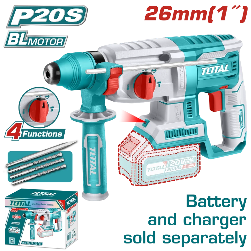 TOTAL Cordless Rotary Hammer Brushless 2.5J 26mm - Battery & Charger Sold Separately (TRHLI20228) - Total