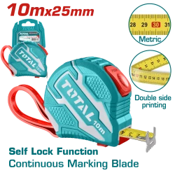 TOTAL Steel Measuring Tape 10m × 25mm Self Lock Metric Scale Double Button Design for Accurate Measurements Durable Steel Blade Ideal for DIY and Professional Use