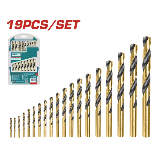مجموعة مثقاب حلزوني HSS من TOTAL مكونة من 19 قطعة (1 مم - 10 مم) لحفر المعادن والخشب والبلاستيك مجموعة مثقاب حلزوني HSS من TOTAL مكونة من 19 قطعة (1 مم - 10 مم) لحفر المعادن والخشب والبلاستيك