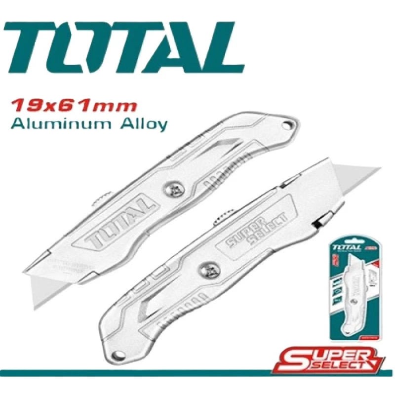 TOTAL Aluminum Utility Knife 19×61mm, Retractable Heavy-Duty Cutter with Locking Blade, Ergonomic Grip & Quick Blade Change (THT511615) - Total