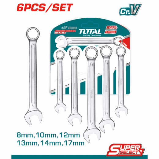 TOTAL 6-Piece Combination Spanner Set 8mm–17mm (THT102266) – Durable Chrome Vanadium Wrenches for Mechanical, Automotive, and Workshop Use TOTAL 6-Piece Combination Spanner Set 8mm–17mm (THT102266) – Durable Chrome Vanadium Wrenches for Mechanical, Automotive, and Workshop Use