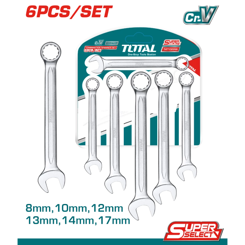 TOTAL 6-Piece Combination Spanner Set 8mm–17mm (THT102266) – Durable Chrome Vanadium Wrenches for Mechanical, Automotive, and Workshop Use - Total