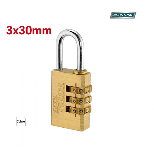قفل تركيبة 3 أرقام مقاس 30 ملم (TBCK37303)، مصنوع من النحاس المتين، بدون مفتاح، مثالي للأمتعة والخزائن وصناديق الأدوات من توتال قفل تركيبة 3 أرقام مقاس 30 ملم (TBCK37303)، مصنوع من النحاس المتين، بدون مفتاح، مثالي للأمتعة والخزائن وصناديق الأدوات من توتال