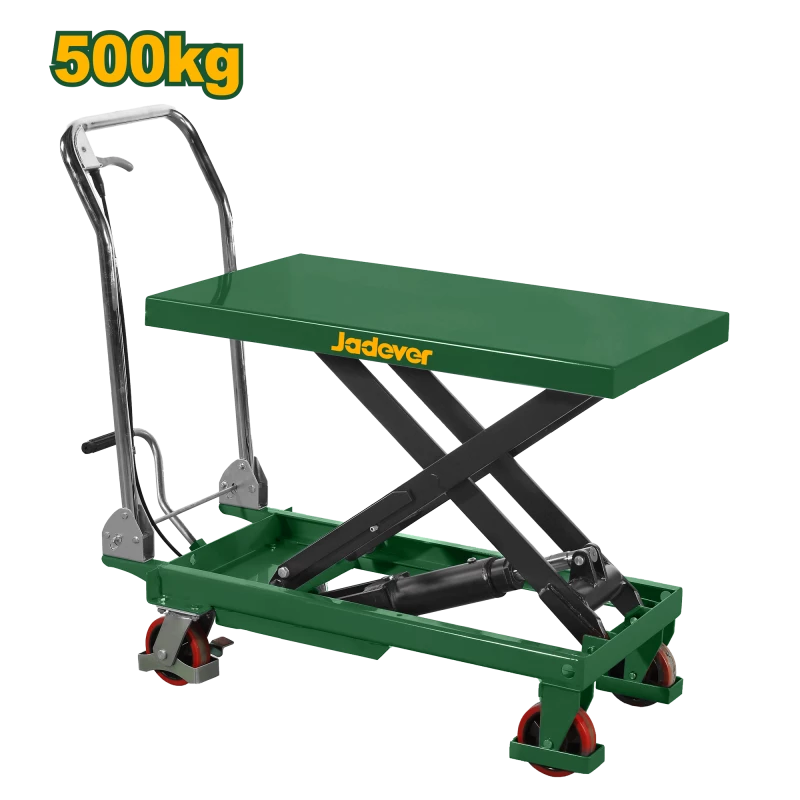 طاولة رفع يدوية تتحمل حتى 500 كجم، سطح 850×500 مم، ارتفاع قابل للتعديل من 285 إلى 880 مم، مزودة بعجلات PU ودواسة قدم، مثالية للمستودعات وورش العمل من جادفر - جادفر