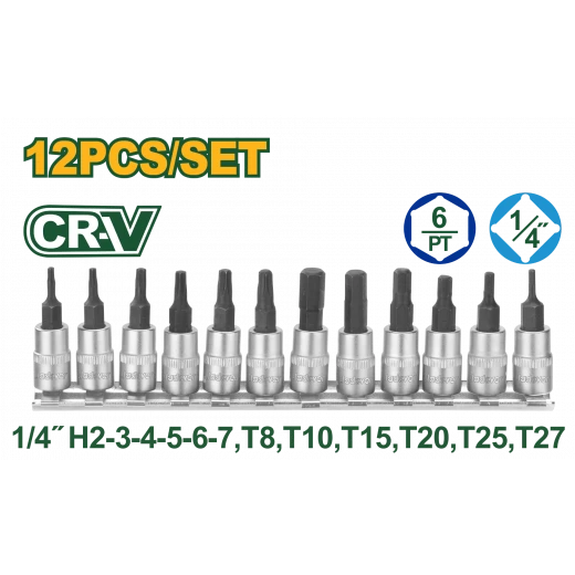 مجموعة رؤوس بت سُوكَت 1/4 بوصة 12 قطعة JDST2414 | بتات سداسية وتوركس، فولاذ Cr-V و50BV30، معالجة حرارية وطلاء كرومي من جادفر مجموعة رؤوس بت سُوكَت 1/4 بوصة 12 قطعة JDST2414 | بتات سداسية وتوركس، فولاذ Cr-V و50BV30، معالجة حرارية وطلاء كرومي من جادفر