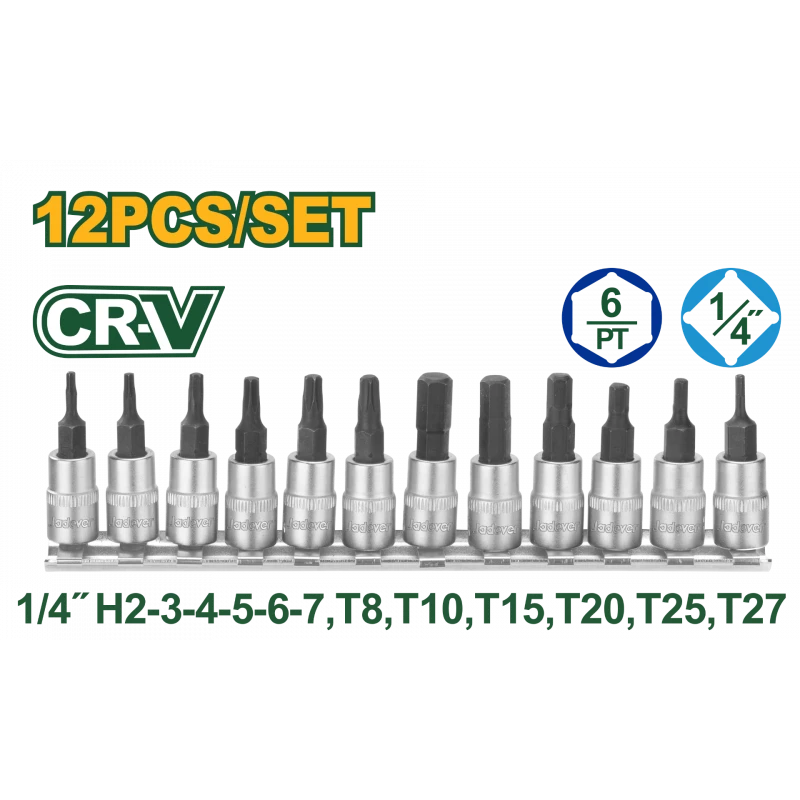 مجموعة رؤوس بت سُوكَت 1/4 بوصة 12 قطعة JDST2414 | بتات سداسية وتوركس، فولاذ Cr-V و50BV30، معالجة حرارية وطلاء كرومي من جادفر - جادفر