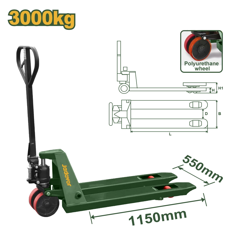 جك طبالي سعة 3000 كغم، شوك 550×1150 ملم، عجلات بولي يوريثان من جادفر (JDNH1R30) - جادفر
