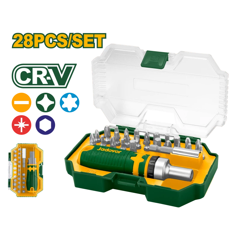طقم مفك مع راسيات 28 قطعة مصنوع من CR-V مع مقبض بكرة وحامل مغناطيسي من جادفر (JDSS8B28) - جادفر