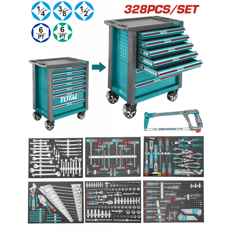 TOTAL 328 Pcs Tool Chest Set Professional Workshop Cabinet with Full Tool Kit (THPTCS73281) - Total