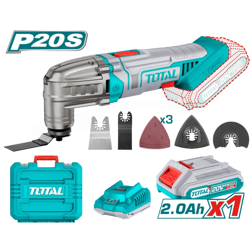 Total 20V Cordless Multi-Tool (TMLI20228), Variable Speed Oscillating Tool with Battery, Charger, Accessories & Carrying Case - Total