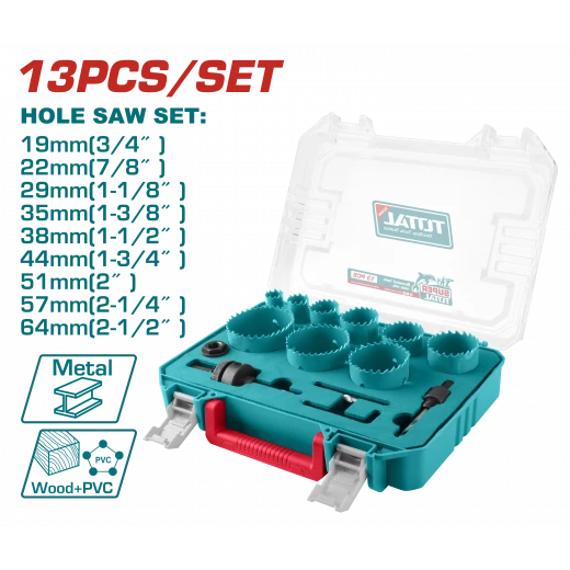 TOTAL 13 Pcs Bi-Metal Hole Saw Set (TACSH0132) TOTAL 13 Pcs Bi-Metal Hole Saw Set (TACSH0132)