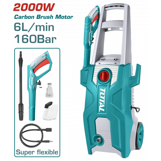 TOTAL High Pressure Washer 2000W – 160Bar, Auto Stop, with Spray Gun, Hose & Soap Bottle (TGT11376) TOTAL High Pressure Washer 2000W – 160Bar, Auto Stop, with Spray Gun, Hose & Soap Bottle (TGT11376)