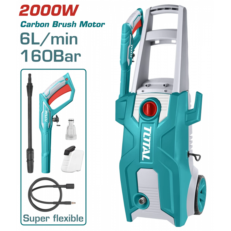 TOTAL High Pressure Washer 2000W – 160Bar, Auto Stop, with Spray Gun, Hose & Soap Bottle (TGT11376) - Total