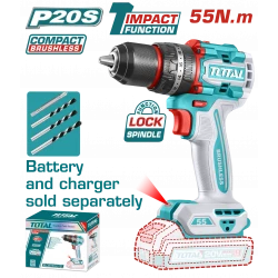TOTAL Compact Brushless Cordless Impact Drill 20V | 55N.m - Battery & Charger Sold Separately (TIDLI205581)