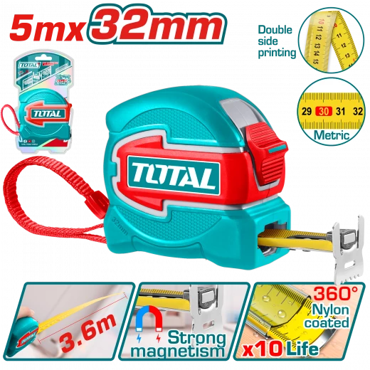 TOTAL Steel Measuring Tape 5m x 32mm – Magnetic Hook (TMT80532M) TOTAL Steel Measuring Tape 5m x 32mm – Magnetic Hook (TMT80532M)
