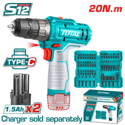 مثقاب لاسلكي 12V بقوة 20 نيوتن متر مع بطاريتين + طقم ملحقات هدية 50 قطعة (TOSLI24011) من توتال