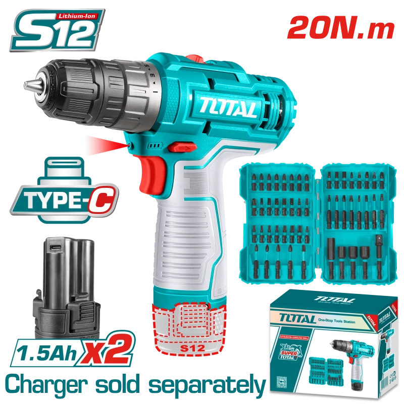 مثقاب لاسلكي 12V بقوة 20 نيوتن متر مع بطاريتين + طقم ملحقات هدية 50 قطعة (TOSLI24011) من توتال - توتال