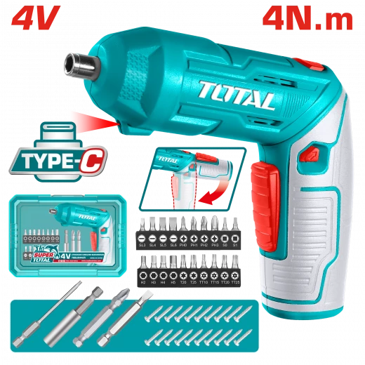 TOTAL 4V Cordless Screwdriver Kit, Adjustable Handle, 23-Piece Bit Set TOTAL 4V Cordless Screwdriver Kit, Adjustable Handle, 23-Piece Bit Set