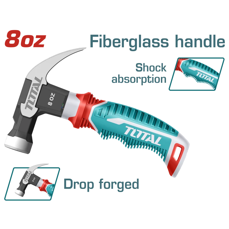 TOTAL Mini Claw Hammer, 220g (8oz), Model THCH61008D, Drop-Forged Carbon Steel, Fiberglass Handle, Lightweight for DIY & Precision Tasks - Total