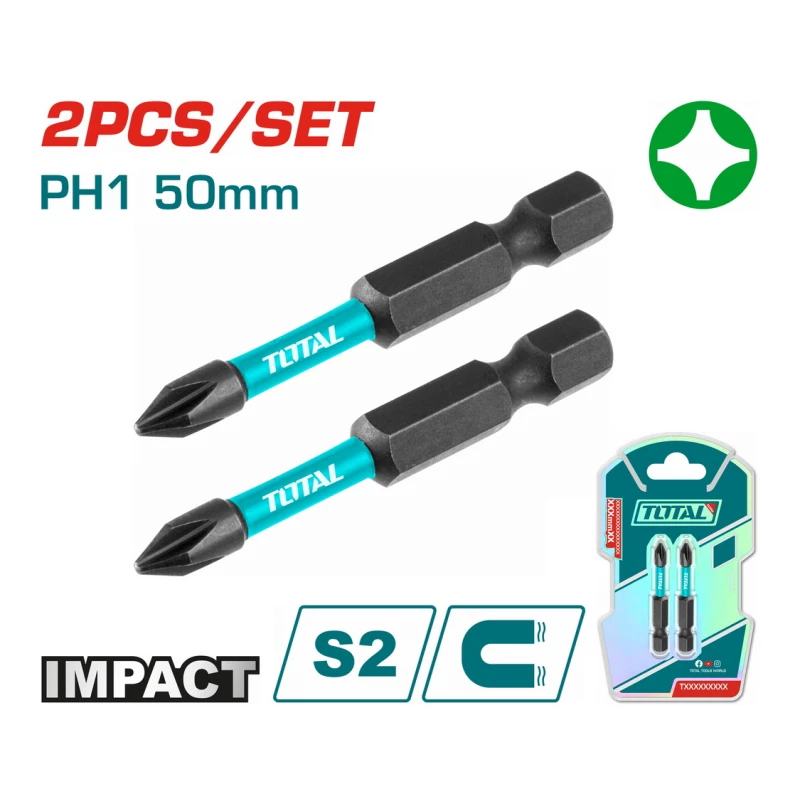 TOTAL 2-Piece Impact Screwdriver Bits Set PH1, 50mm, High-Strength Steel, Durable Phillips Heads for Impact Drivers - Total
