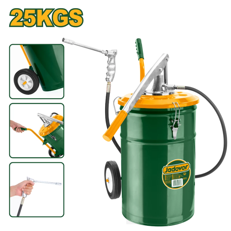 مضخة تشحيم يدوية موديل JDHY2A25 ,سعة 25 كجم، ضغط 3000psi، خرطوم بطول 1500 مم، مزودة بعجلات ومقبض, مضخة تشحيم قوية للتطبيقات الصناعية من جادفر - جادفر