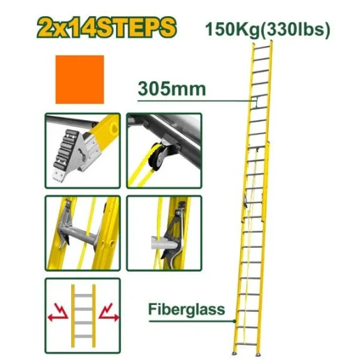 Jadever 7.9m Fiberglass Extension Ladder 2×14 Steps – JDLD0928 | Heavy-Duty Multi-Purpose Ladder Jadever 7.9m Fiberglass Extension Ladder 2×14 Steps – JDLD0928 | Heavy-Duty Multi-Purpose Ladder