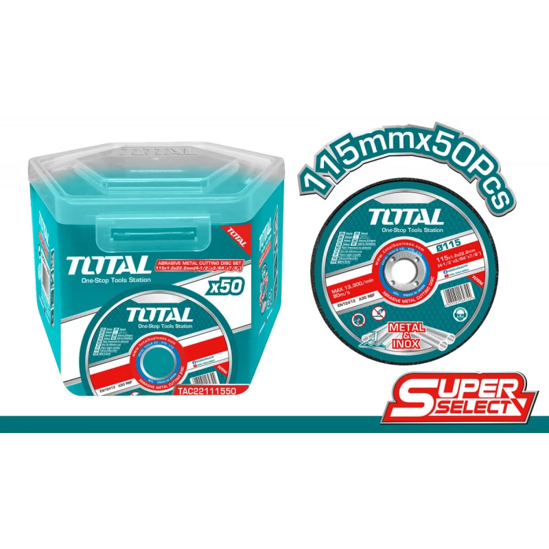 TOTAL TAC Abrasive INOX Metal Cutting Disc Set 115mm x 1.2mm (50 Pieces), Stainless Steel & Metal Cutting, Ultra-Thin Precision Discs - Total