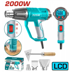 مسدس حراري 2000 واط مع شاشة LCD تحكم بدرجة الحرارة من 50°C إلى 600°C، إعدادات تدفق هواء متعددة، يشمل فوهات وكاشطة للاستخدام المتنوع من توتال