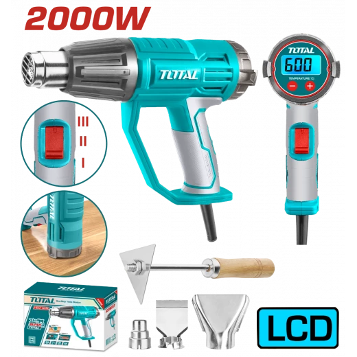 مسدس حراري 2000 واط مع شاشة LCD تحكم بدرجة الحرارة من 50°C إلى 600°C، إعدادات تدفق هواء متعددة، يشمل فوهات وكاشطة للاستخدام المتنوع من توتال مسدس حراري 2000 واط مع شاشة LCD تحكم بدرجة الحرارة من 50°C إلى 600°C، إعدادات تدفق هواء متعددة، يشمل فوهات وكاشطة للاستخدام المتنوع من توتال