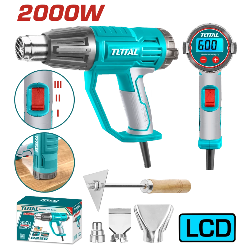 مسدس حراري 2000 واط مع شاشة LCD تحكم بدرجة الحرارة من 50°C إلى 600°C، إعدادات تدفق هواء متعددة، يشمل فوهات وكاشطة للاستخدام المتنوع من توتال - توتال