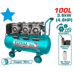 TOTAL 100L Air Compressor, 3.6kW (4.8HP) Oil-Free, Low Noise 75dB, 8 Bar Max Pressure, Durable Copper Motor, Heavy-Duty, Maintenance-Free Air Compressor for Industrial & Workshop Use